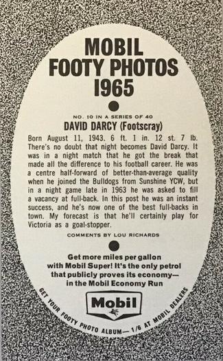1965 Mobil Footy Photos VFL #10 Dave Darcy Back
